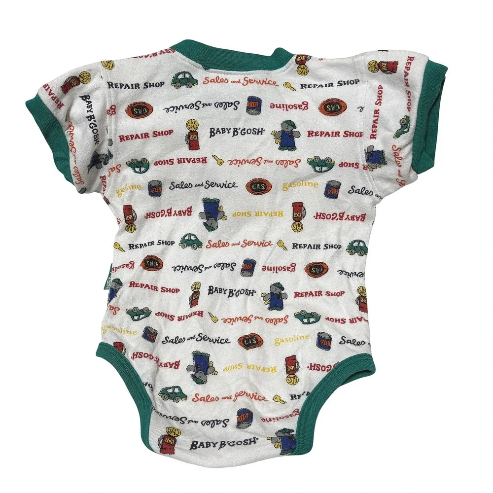 Vintage Baby B'Gosh Repair Shop Car Print Short Sleeve Bodysuit Green 3-6 Months